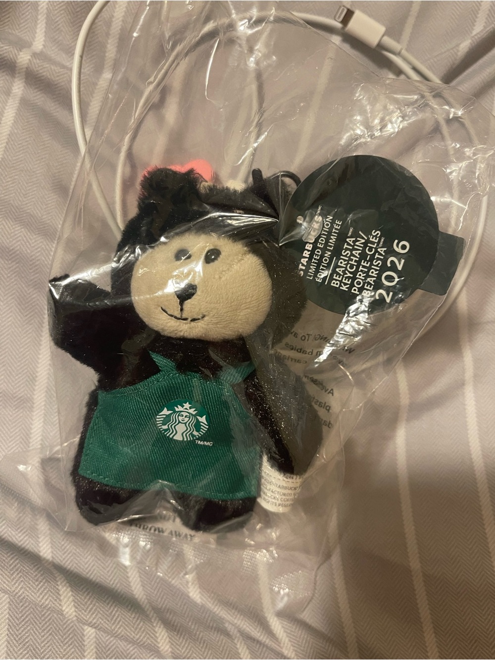 Starbucks Black Bear Plush Keychain with Green Apron and Pink Ear Accent